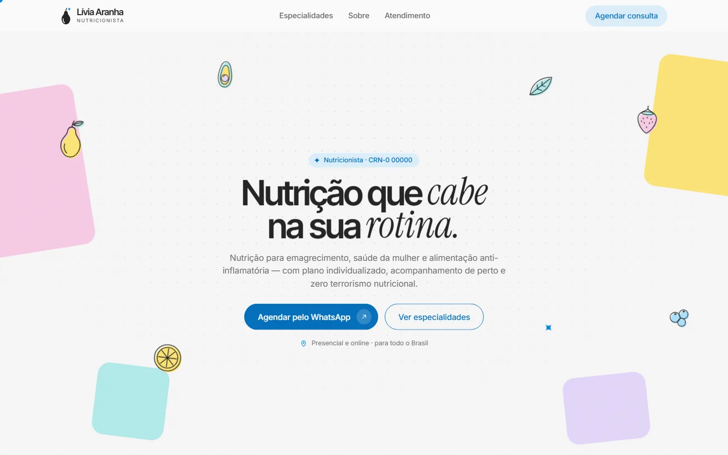 Tela inicial do modelo de site para nutricionista, com título em destaque, papéis coloridos e adesivos de frutas